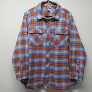 Duluth Trading Folklore Flannel Blue Orange Plaid Tunic Shirt Shacket Plus sz 3X